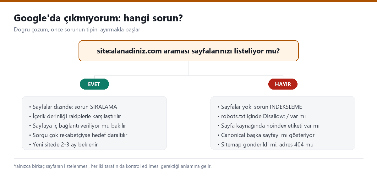 Google'da görünmeme sorununun indeksleme mi sıralama mı olduğunu ayıran karar ağacı; her dalda yapılacak kontroller listeleniyor